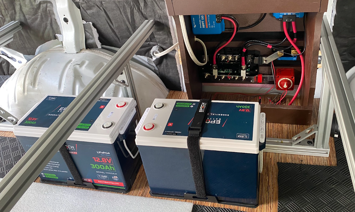 Two lithium batteries, strapped into trays, in front of an open cabinet of electrical equipment.