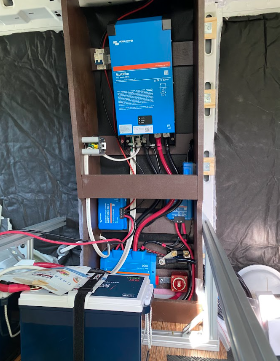 A cabinet of electrical equipment connected by wires of various sizes, some rather large.