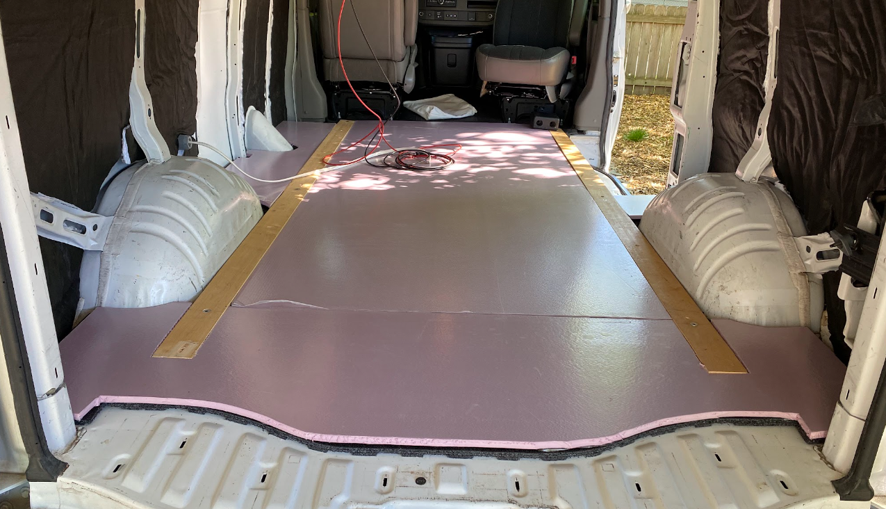 A view inside a cargo van from the rear, with the floor lined in pink insulation foam board.